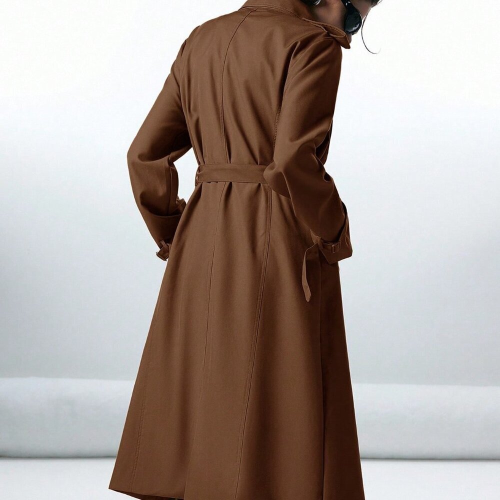 Chocolate Brown Casual Women's Double-Breasted Trench Coat - Picture 2 of 7